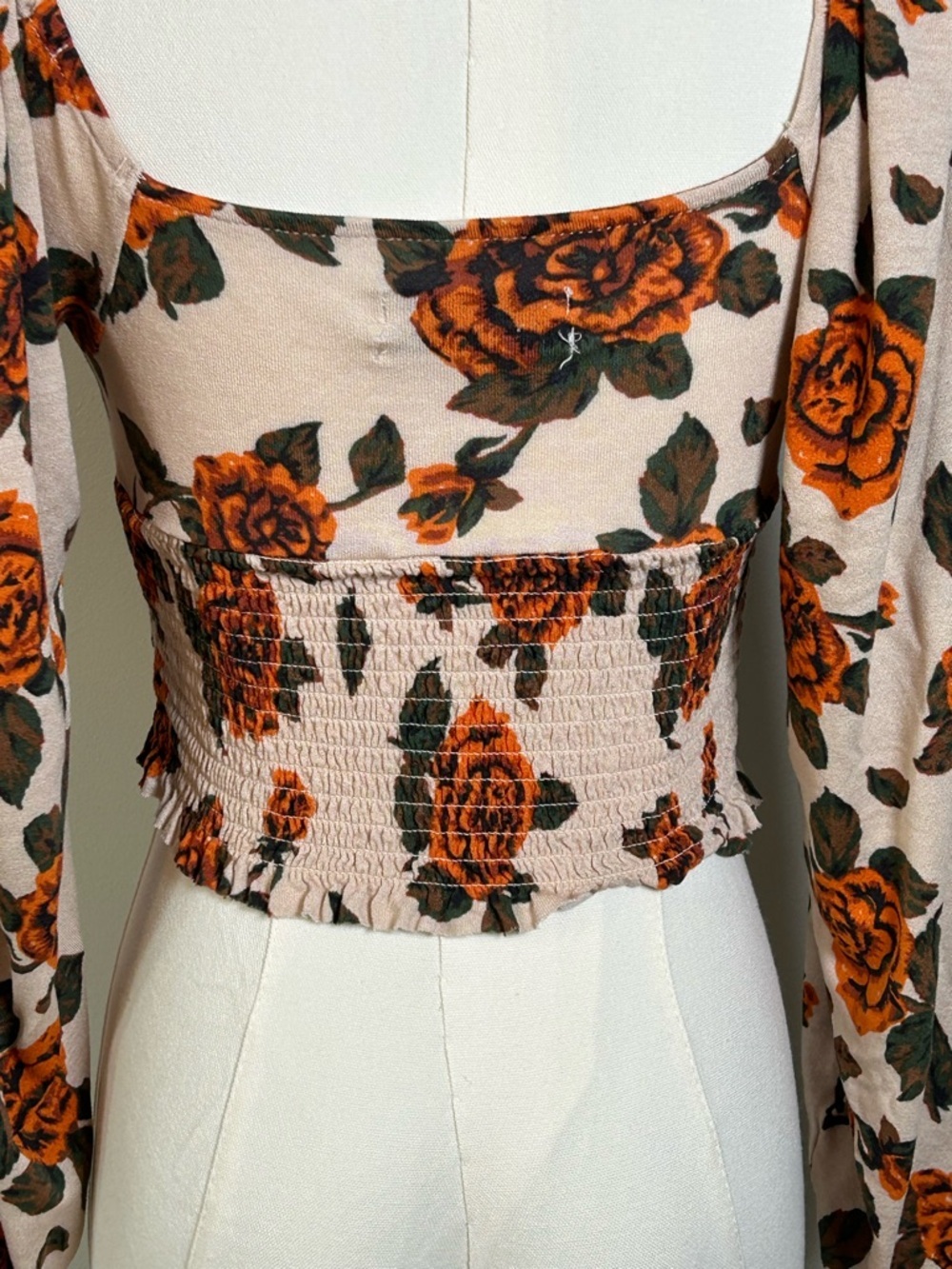 Urban Outfitters Cream Floral Tie-Front Smocked Blouse with Orange Roses size M - Picture 6 of 10
